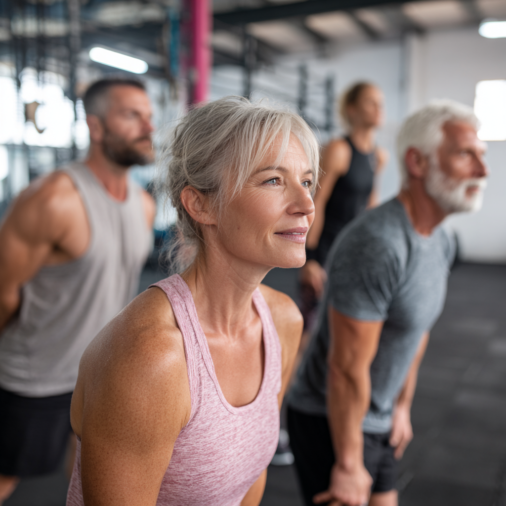 Group of mature adults doing functional fitness exercises in bright gym