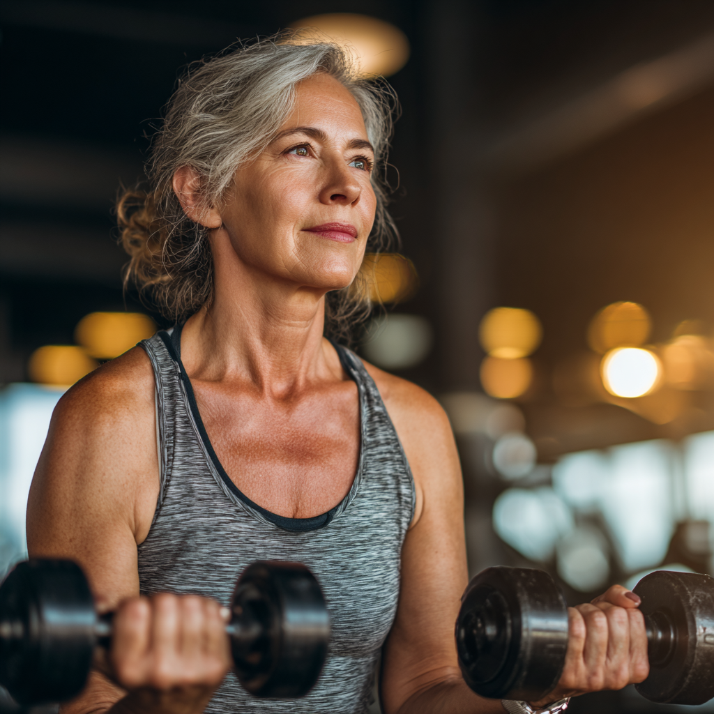 Middle-aged woman exercising with dumbbells in modern fitness center